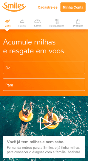 Imagem do layout conceito mobile para página inicial do site da Smiles