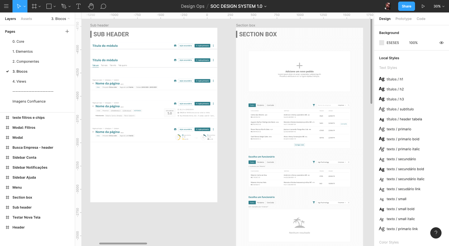 Imagem dos blocos do design system organizados no software Figma